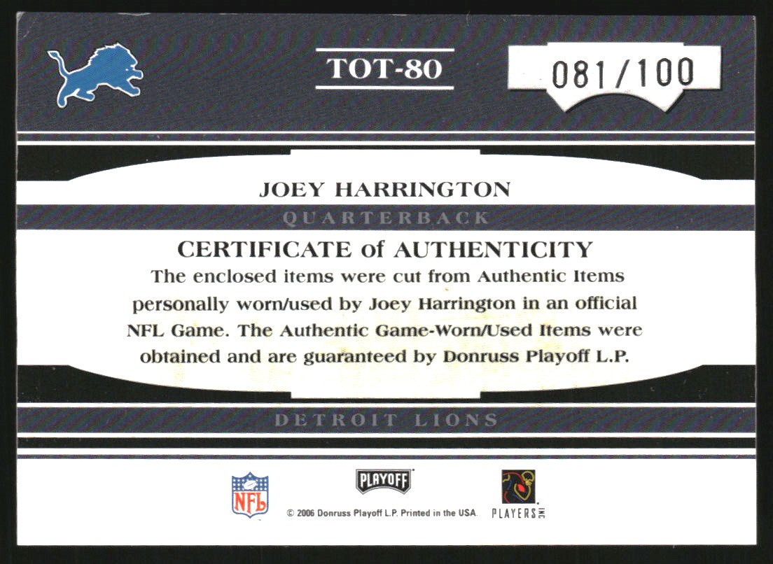 2006 Absolute Memorabilia Tools of the Trade Material Double Red #80 Joey Harrington/100 back image