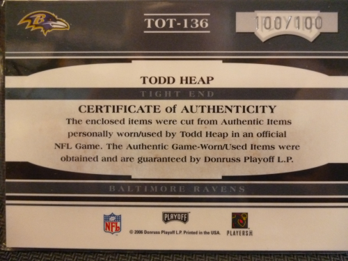 2006 Absolute Memorabilia Tools of the Trade Material Double Red #136 Todd Heap/100 back image