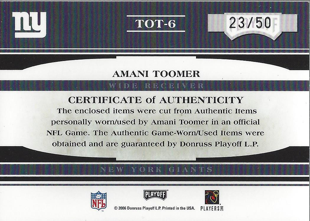 2006 Absolute Memorabilia Tools of the Trade Material Triple Red #6 Amani Toomer/50 back image
