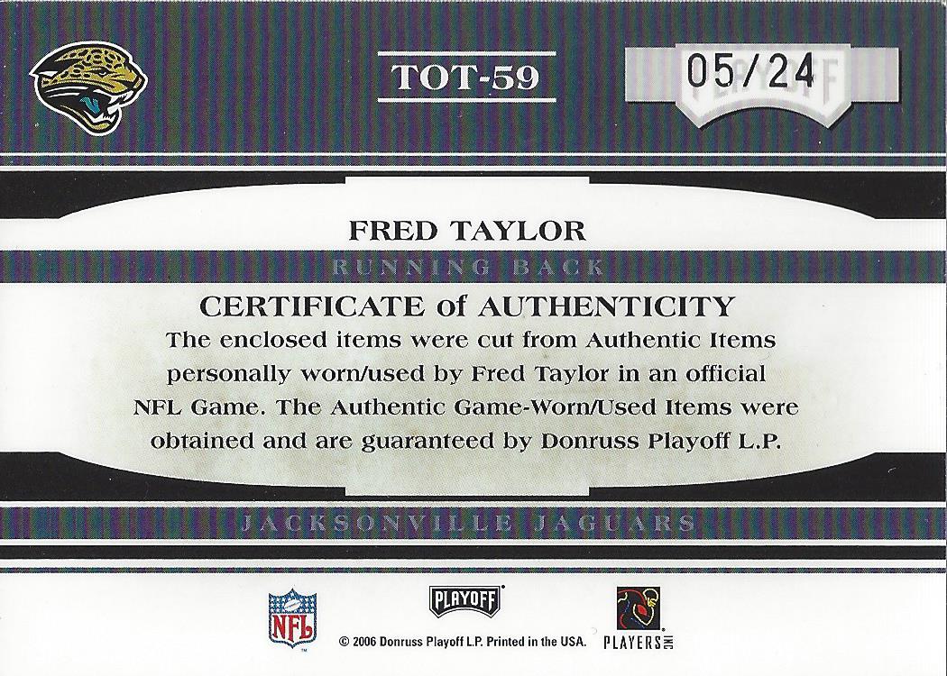 2006 Absolute Memorabilia Tools of the Trade Material Triple Red #59 Fred Taylor/24 back image
