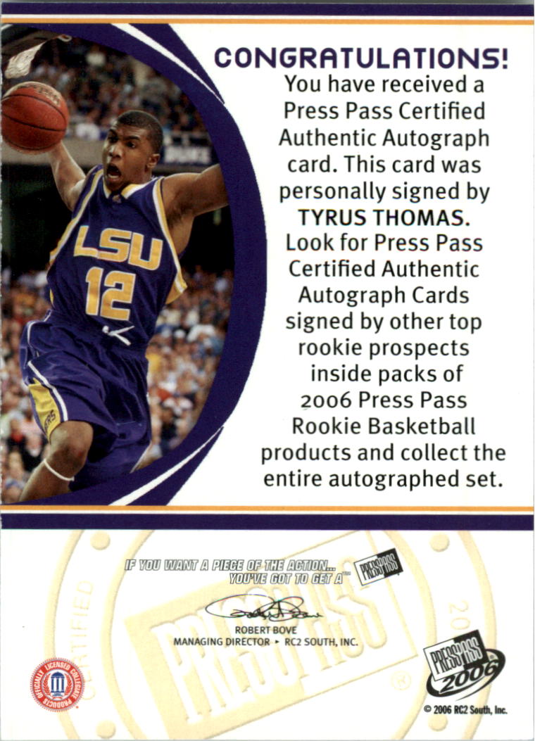 2006 Press Pass Autographs Silver #60 Tyrus Thomas Blue/39* back image
