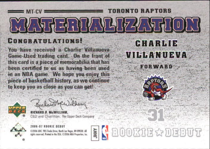 2006-07 Upper Deck Rookie Debut Materialization #CV Charlie Villanueva back image