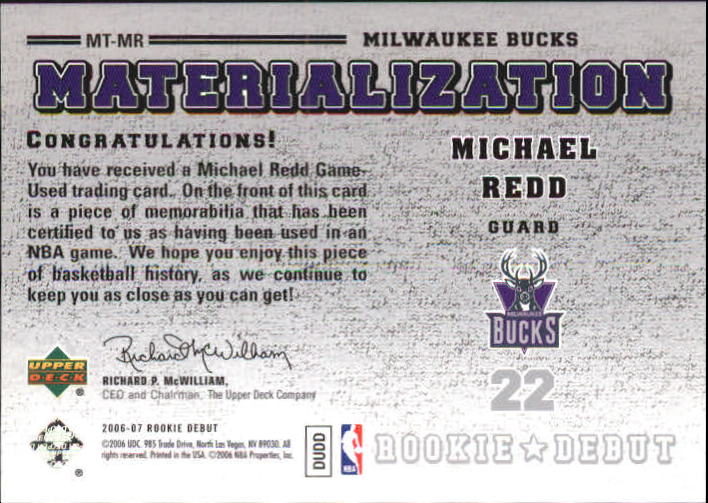 2006-07 Upper Deck Rookie Debut Materialization #MR Michael Redd back image