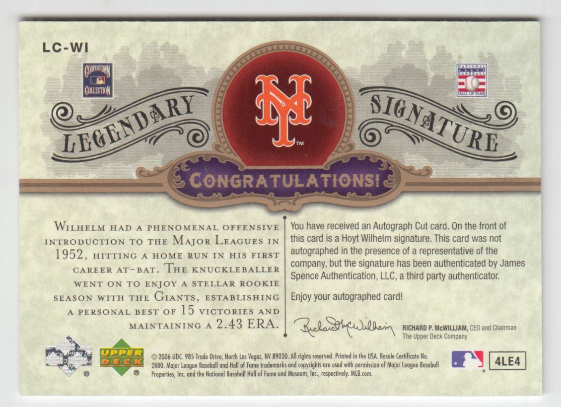 2006 SP Legendary Cuts Legendary Signature Cuts #WI Hoyt Wilhelm/47