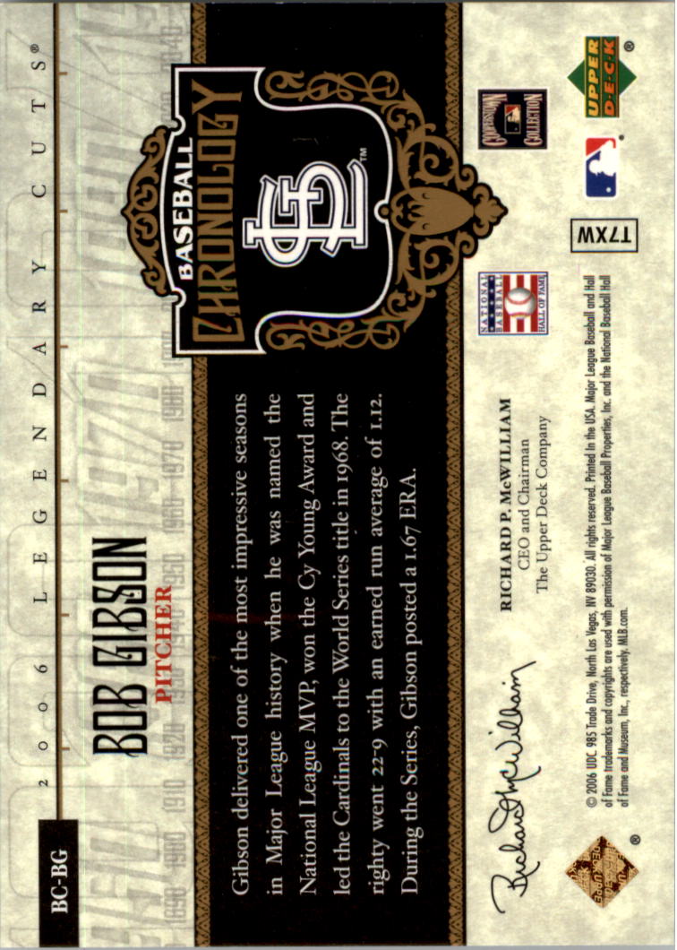 2006 SP Legendary Cuts Baseball Chronology Gold #BG Bob Gibson back image