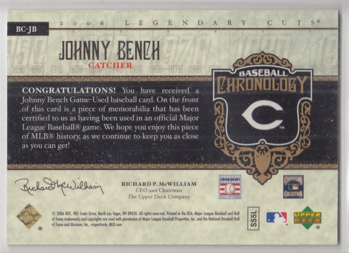 2006 SP Legendary Cuts Baseball Chronology Materials #JB Johnny Bench Jsy back image