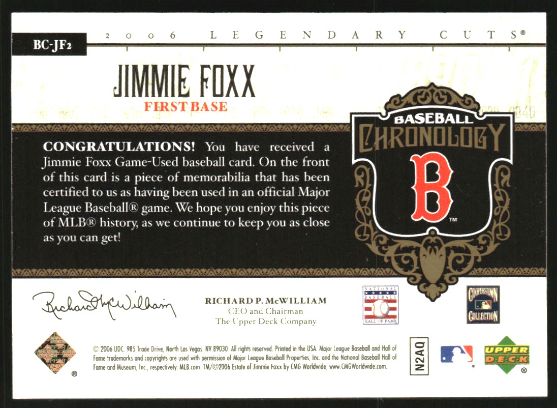 2006 SP Legendary Cuts Baseball Chronology Materials #JF2 Jimmie Foxx Sox Bat SP/100 * back image
