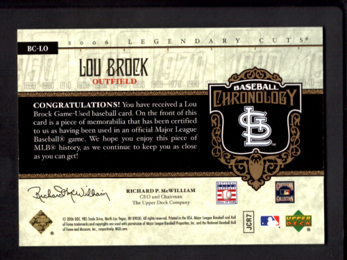 2006 SP Legendary Cuts Baseball Chronology Materials #LO Lou Brock Jsy back image