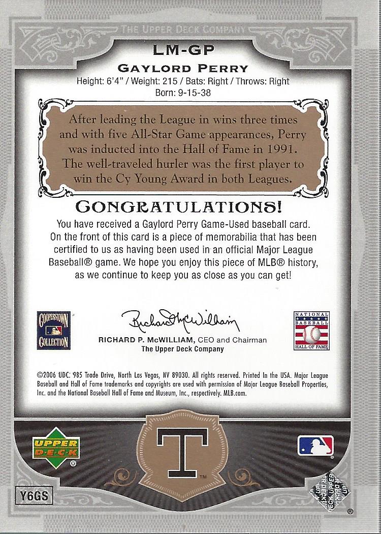 2006 SP Legendary Cuts Legendary Materials Silver #GP Gaylord Perry Jsy/199 back image