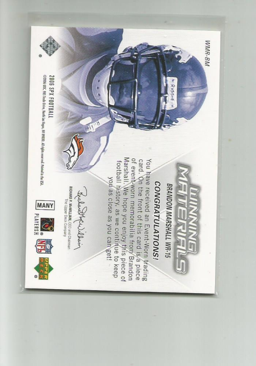 2006 SPx Rookie Winning Materials #WMRBM Brandon Marshall back image