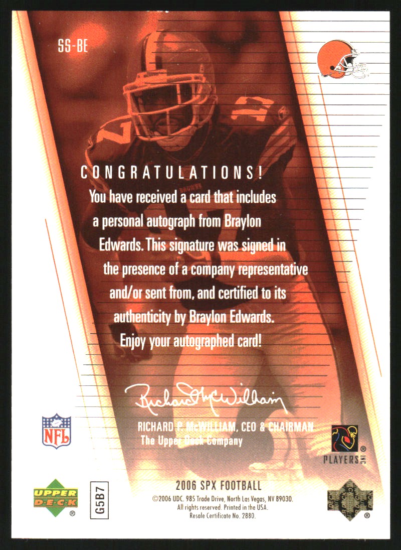 2006 SPx Super Scripts Autographs #SSBE Braylon Edwards back image