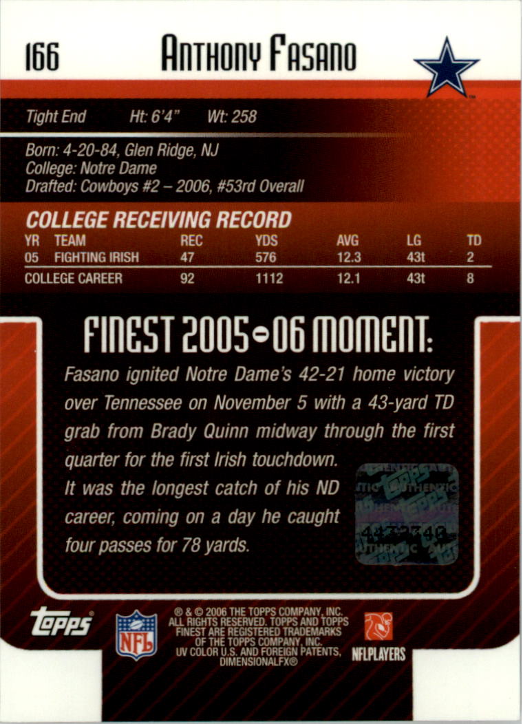 2006 Finest #166 Anthony Fasano AU RC back image