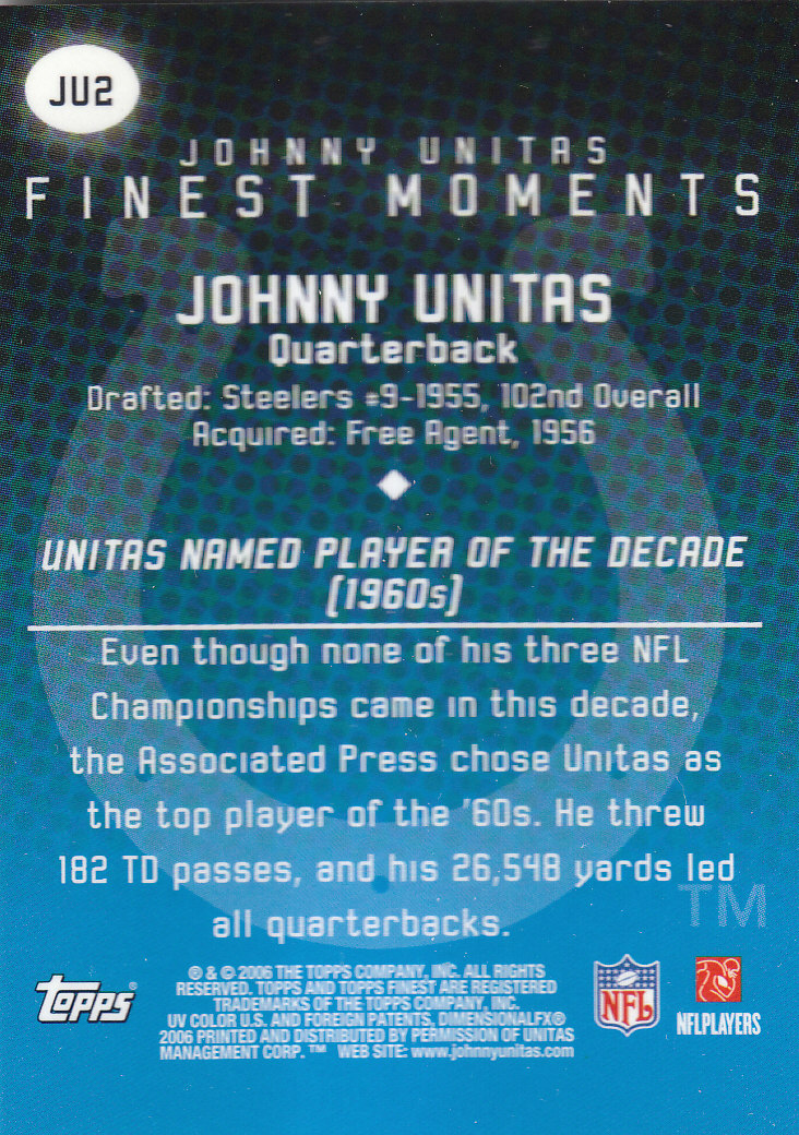 2006 Finest Johnny Unitas Finest Moments #JU2 Johnny Unitas back image