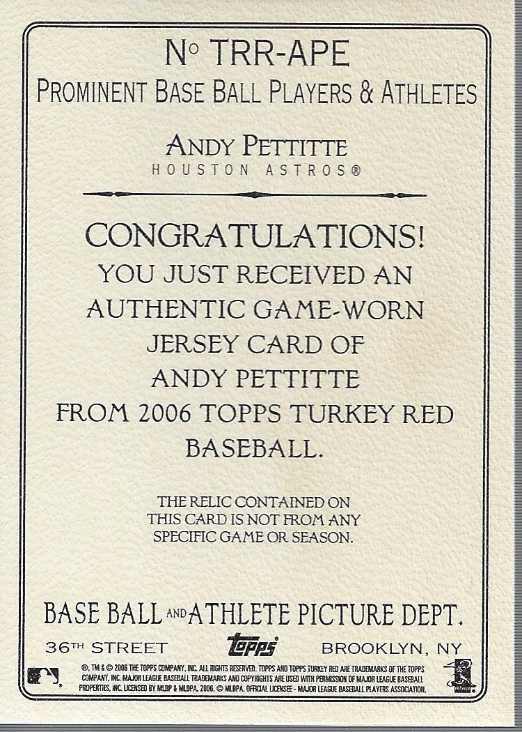 2006 Topps Turkey Red Relics #APE Andy Pettitte Jsy B back image