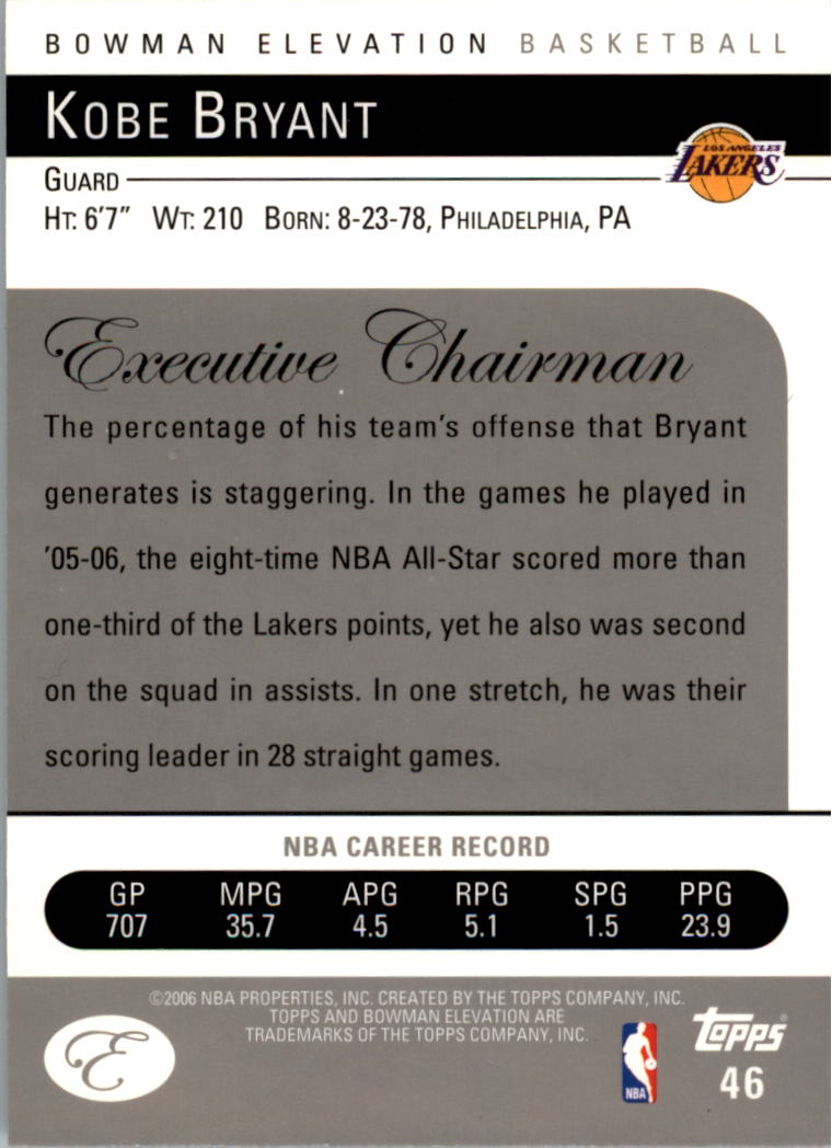 2006-07 Bowman Elevation #46 Kobe Bryant back image