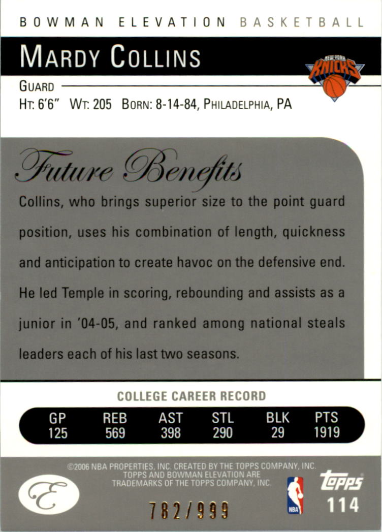 2006-07 Bowman Elevation #114 Mardy Collins RC back image
