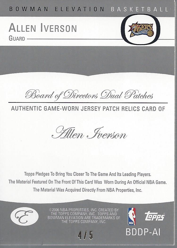 2006-07 Bowman Elevation Board of Directors Patches Dual #PAI Allen Iverson back image