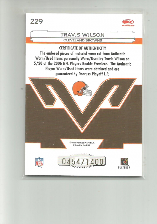 2006 Leaf Certified Materials #229 Travis Wilson JSY/1400 RC back image