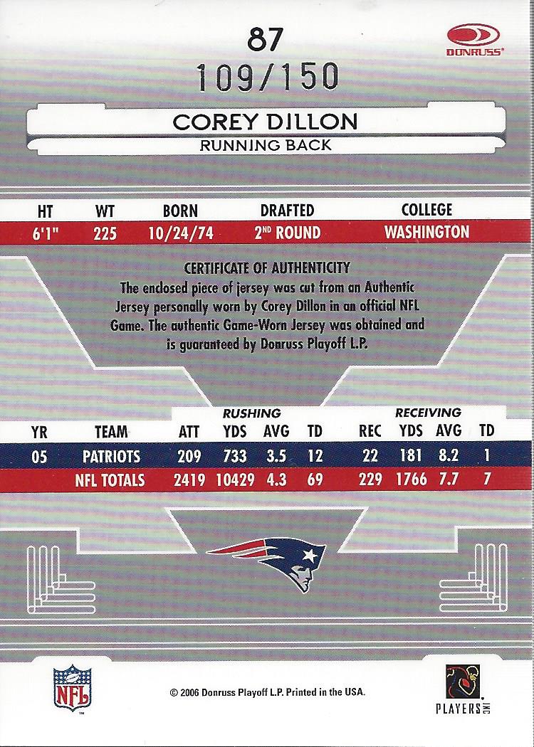 2006 Leaf Certified Materials Mirror Red Materials #87 Corey Dillon back image
