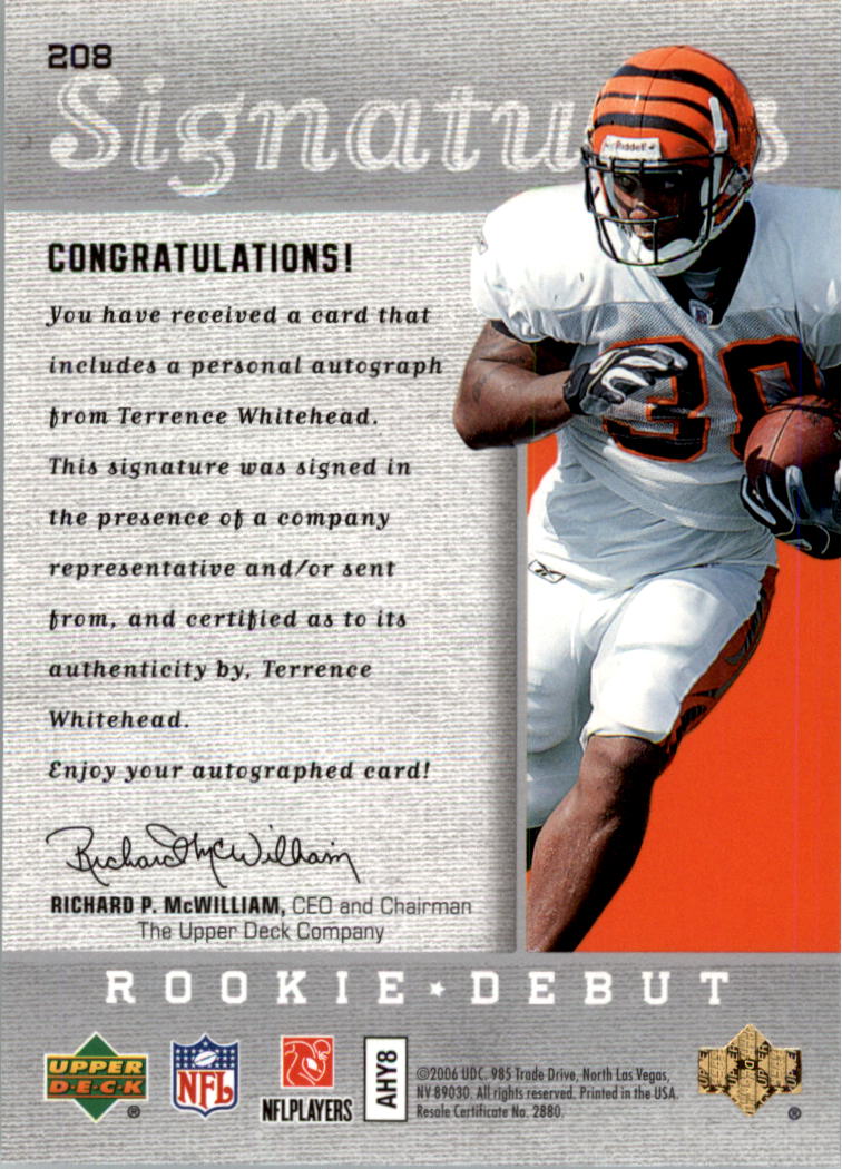 2006 Upper Deck Rookie Debut #208 Terrence Whitehead AU RC back image