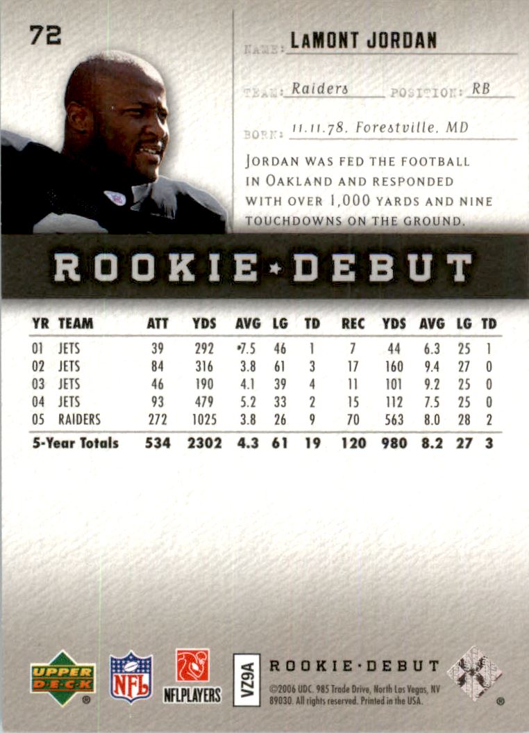 2006 Upper Deck Rookie Debut Holofoil #72 LaMont Jordan back image