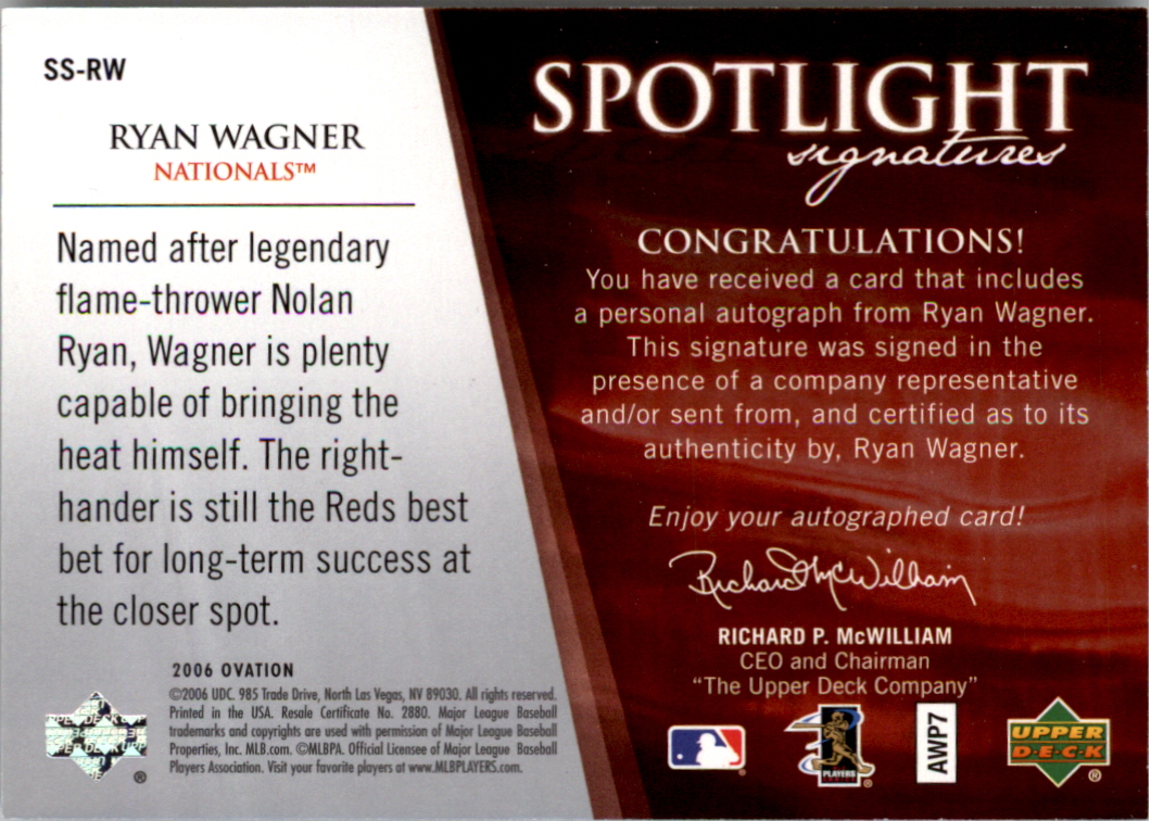 2006 Upper Deck Ovation Spotlight Signatures #RW Ryan Wagner back image