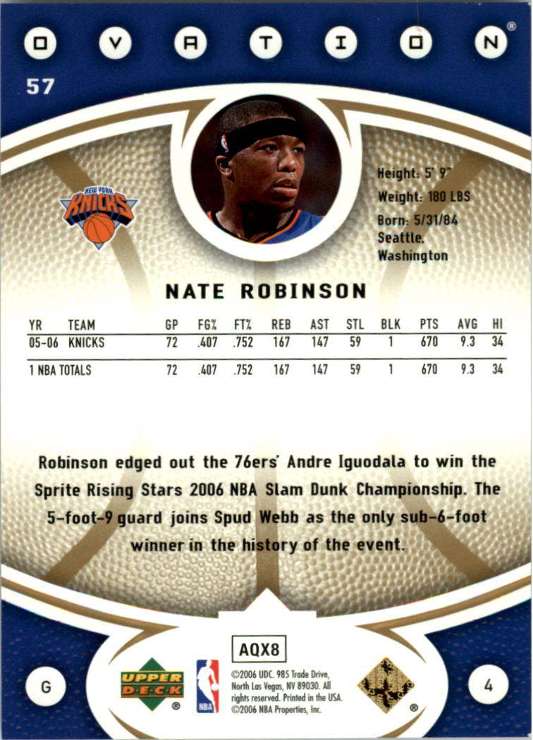 2006-07 Upper Deck Ovation Gold #57 Nate Robinson back image