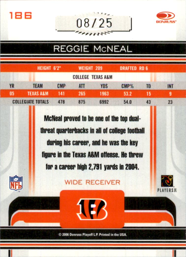 2006 Donruss Gridiron Gear Autographs Platinum Holofoil #186 Reggie McNeal/25 back image