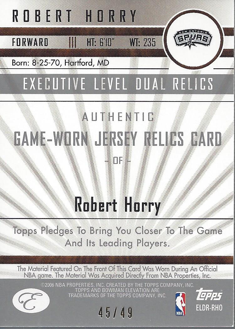 2006-07 Bowman Elevation Executive Level Relics Dual Red #DRRHO Robert Horry back image