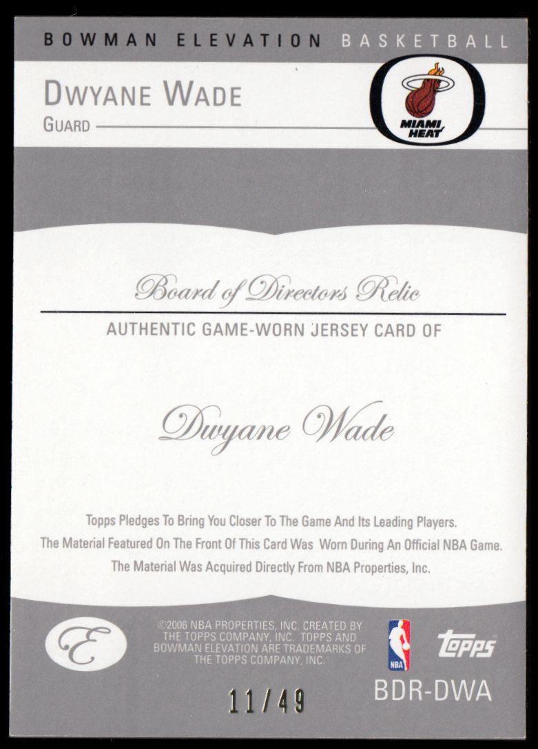 2006-07 Bowman Elevation Board of Directors Relics Red #RDWA Dwyane Wade back image