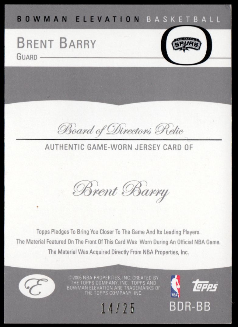 2006-07 Bowman Elevation Board of Directors Relics Gold #RBB Brent Barry back image
