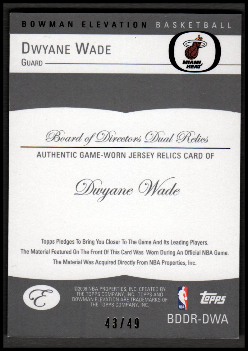 2006-07 Bowman Elevation Board of Directors Relics Dual Red #RDWA Dwyane Wade back image