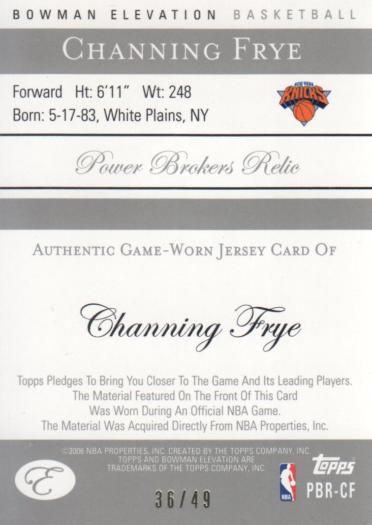 2006-07 Bowman Elevation Power Brokers Relics Red #RCF Channing Frye back image