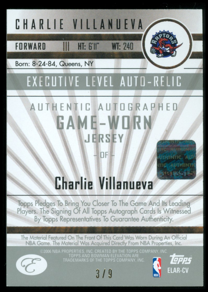 2006-07 Bowman Elevation Executive Level Relics Autographs Red #RCV Charlie Villanueva back image