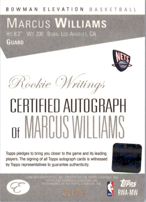 2006-07 Bowman Elevation Rookie Writing Autographs Gold #MW Marcus Williams/29 back image