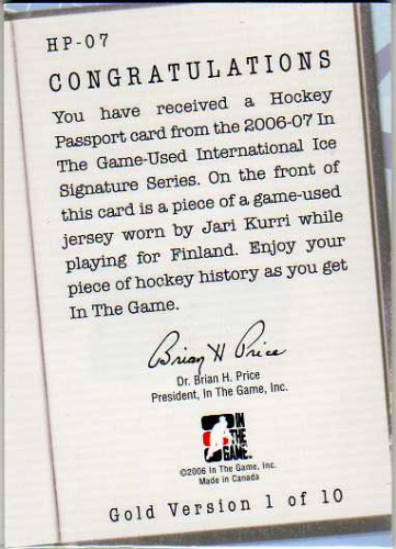 2006-07 ITG International Ice Hockey Passport Gold #HP07 Jari Kurri back image
