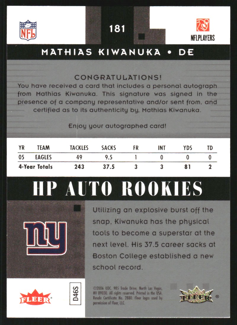 2006 Hot Prospects #181 Mathias Kiwanuka AU RC back image