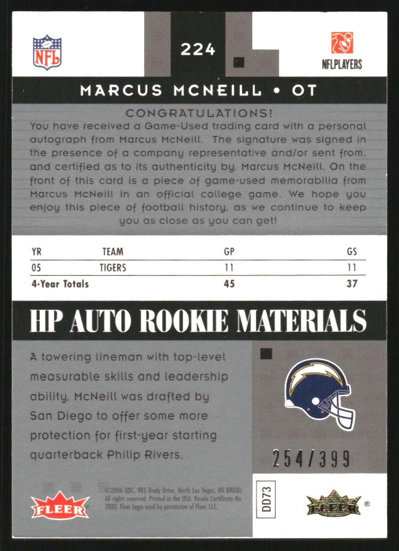 2006 Hot Prospects #224 Marcus McNeill JSY AU/399 RC back image