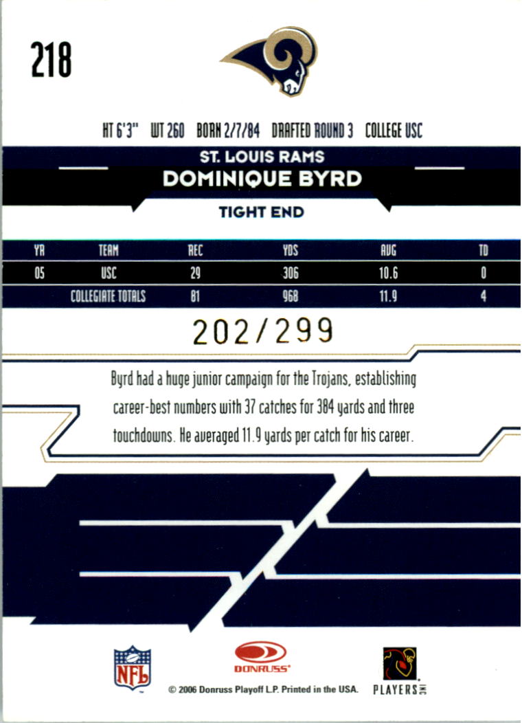 2006 Leaf Rookies and Stars Gold #218 Dominique Byrd back image