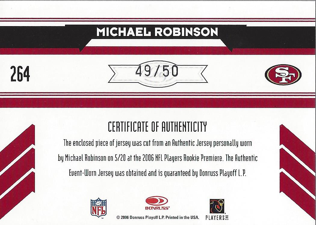 2006 Leaf Rookies and Stars Longevity Target Rookie Material Autographs Ruby #264 Michael Robinson/50 back image