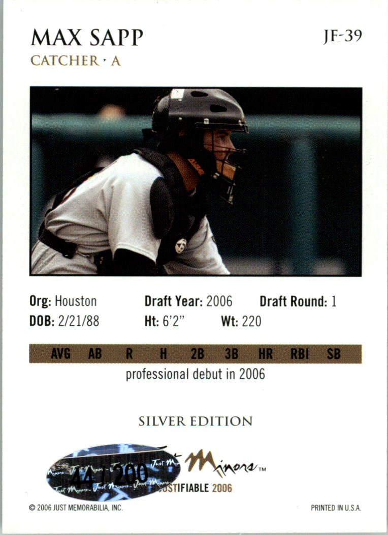 2006 Justifiable Silver #39 Max Sapp back image