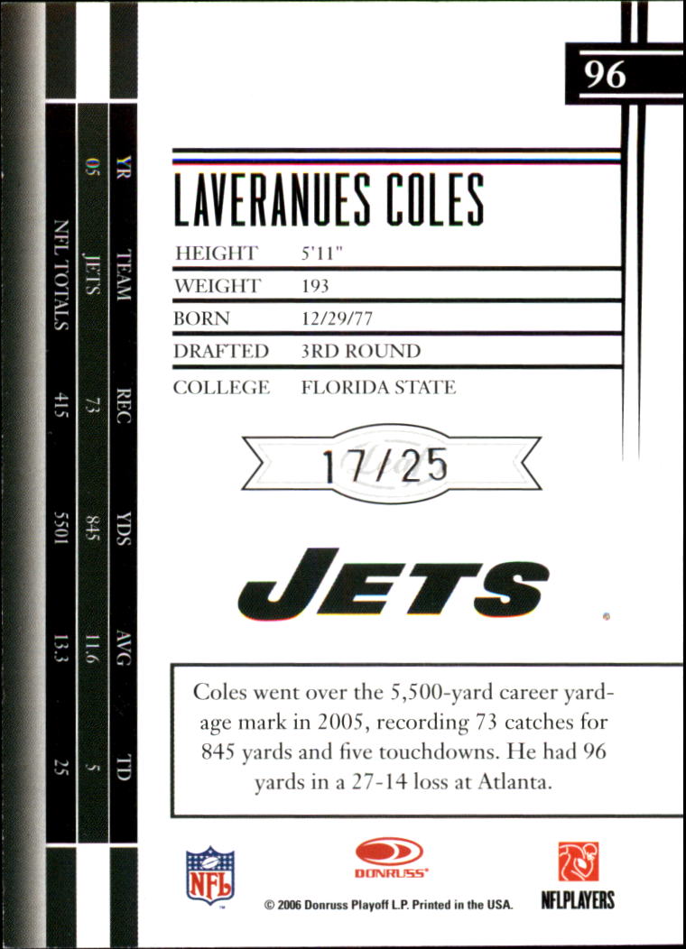 2006 Leaf Limited Silver Spotlight #96 Laveranues Coles back image