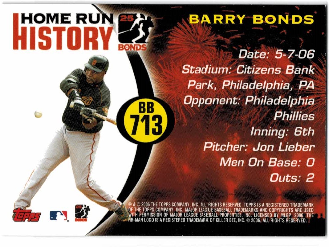 2005 Topps Barry Bonds Home Run History #713 Barry Bonds HR713 back image