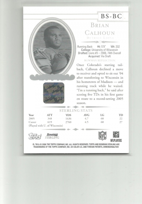 2006 Bowman Sterling #BC2 Brian Calhoun JSY AU back image