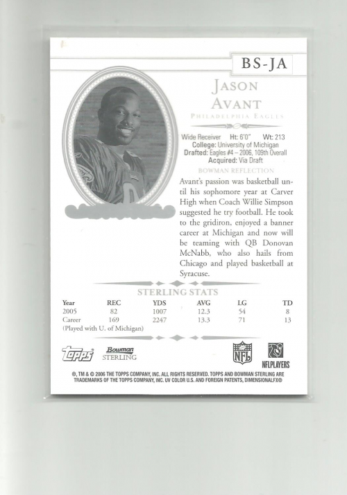 2006 Bowman Sterling #JA2 Jason Avant JSY RC back image