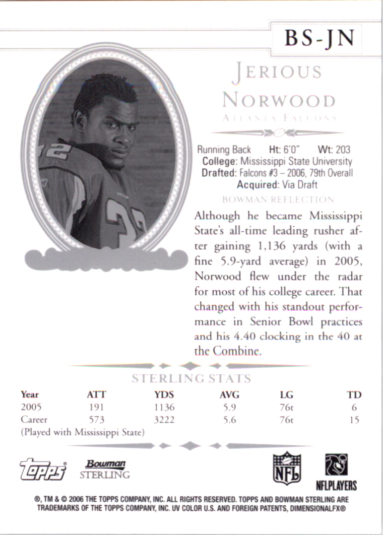 2006 Bowman Sterling #JN1 Jerious Norwood JSY RC back image