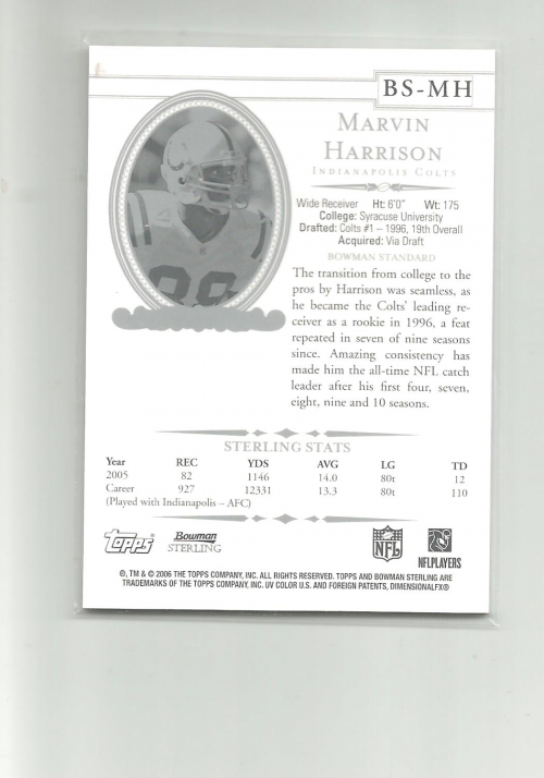 2006 Bowman Sterling #MH Marvin Harrison JSY back image