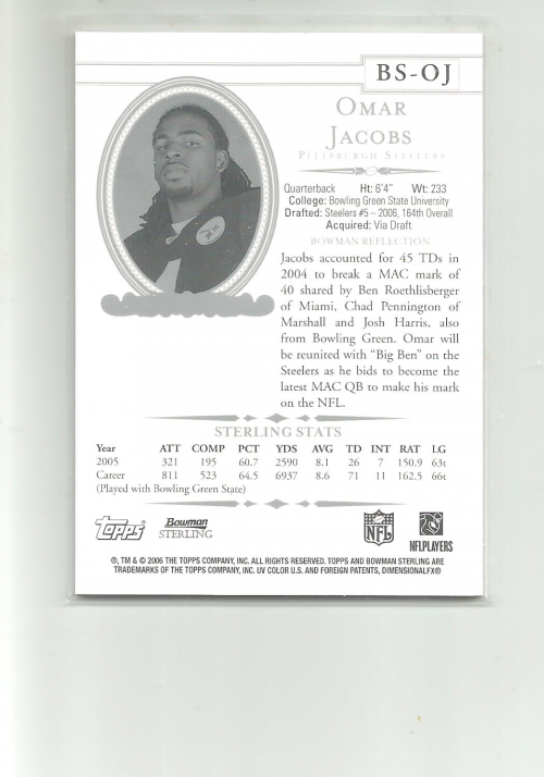 2006 Bowman Sterling #OJ Omar Jacobs JSY RC back image
