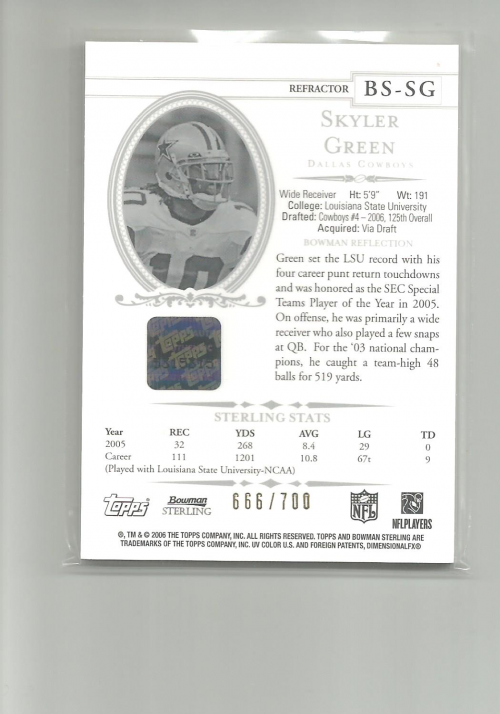 2006 Bowman Sterling Gold Rookie Autographs #SG Skyler Green/700 back image