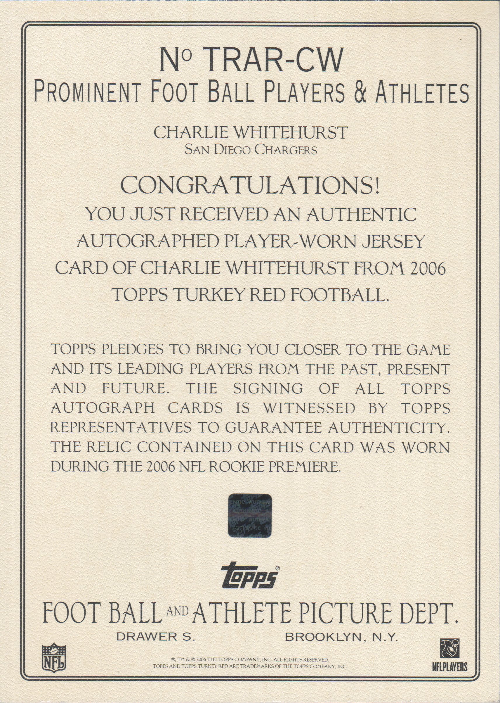 2006 Topps Turkey Red Cabinet Autographed Relics #CW Charlie Whitehurst/500 back image